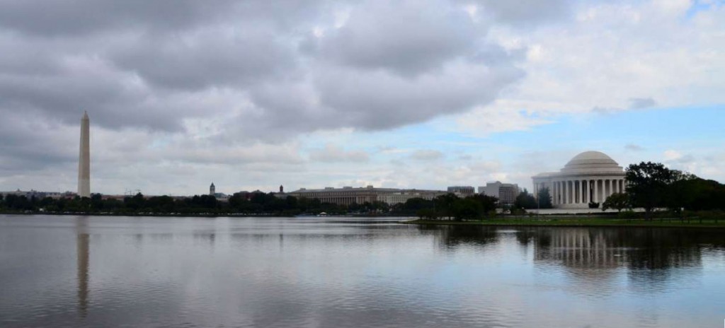 Looking north across the tidal basin towards the Washington Monument and the Jefferson Memorial.